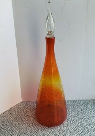 Vintage Blenko Tangerine 920l Crackle Glass Decanter With Clear Stopper