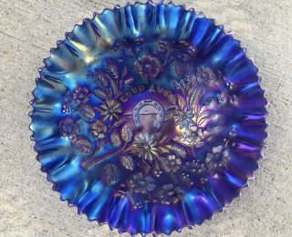 Wow Northwood Blue Carnival Glass Electric Highlights Good Luck Bowl.  Pce.