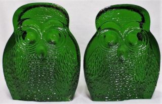 Pair Set Vintage Mcm Modern Joel Myers Blenko Rare Dark Green Glass Owl Bookends