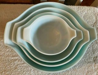 Pyrex Turquoise Amish Butter Print Mixing Bowl Set Cinderella 4 Bowls