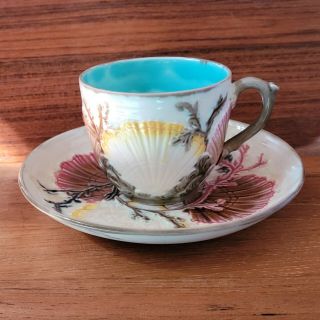 Antique Wedgwood Majolica Argenta Shell And Seaweed Cup & Saucer 1882