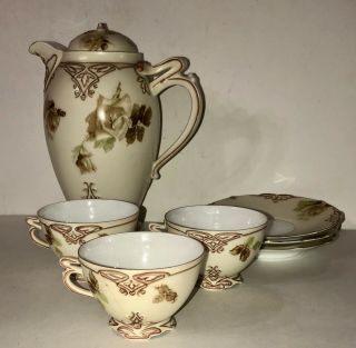 Antique Ohme Silesia Porcelain Cups Saucers Chocolate/coffee/tea Pot Old Ivory