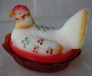 Fenton Art Glass Chicken Hen On Nest Dish W/ Lid Hp Red Cherries Artist Signed