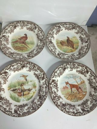 Spode Woodland Set Of 4 Dinner Plates - Red Fox Red Grouse,  Pheasant,  Wood Duck