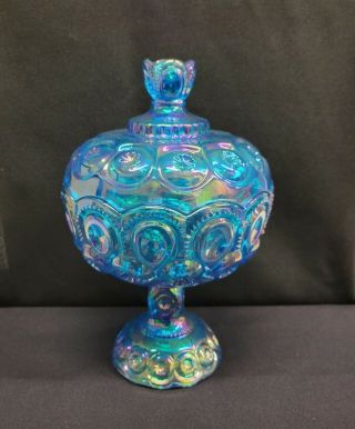 Carnial Moon And Star Glass Compote Large Candy Dish Colonial Blue Iridescent
