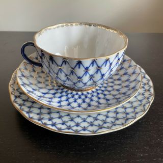 Russian Imperial Lomonosov Porcelain 3pc Tea Set Cup Saucer Plate Cobalt Net 22k