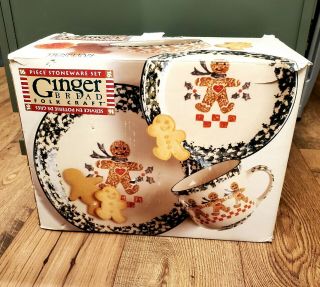 Tienshan Folk Craft Stoneware " Gingerbread " 16 Piece Set Christmas.