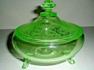 Cambridge Vaseline Glass 300 Emerald Green Covered Candy Dish W 704 Etch 1930s