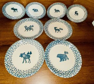 8 Piece ‘80s Tienshan Moose Country Folk Craft Sponge Ware Pottery Dishes Green