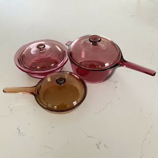 Vtg Pyrex Corning Vision Ware Amber Glass Cookware 6pc Set Pot Sauce Pan W Lids