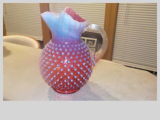 Fenton Hobnail Cranberry Red & White Opalescent Water Pitcher.  Gorgeous