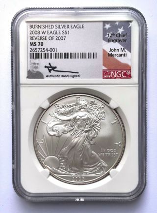 2008 W S$1 Burnished Silver Eagle Reverse Of 2007 Ngc Ms 70 Mercanti Signed;n680
