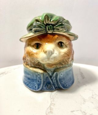 Antique Majolica Austrian Cat With Floppy Hat Humidor /tobacco Jar