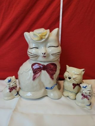 Vintage Shawnee Usa Pottery Puss N Boots Cookie Jar/salt And Pepper And Creamer.