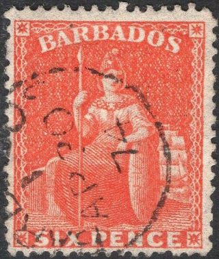 Barbados - 1873 6d Orange - Vermilion Sg 60 A Few Blunt Perfs Good V 52361
