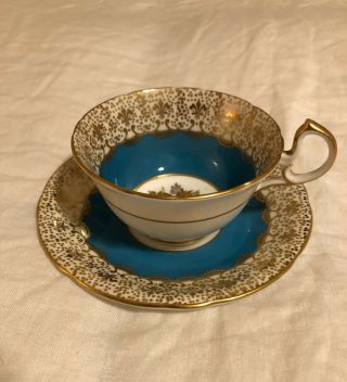 Aynsley Teacup And Saucer Signed Ja Bailey Turquoise Gold Fleur De Lis & Rose