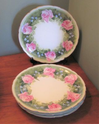 4 Antique J.  P.  L.  Jean Pouyat Limoges France Hand Painted Plate 8 1/2” Pink Roses