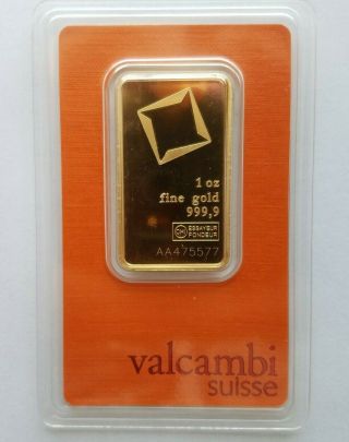 1 Ounce Valcambi Suisse Fine Gold Bar Au 999,  9 Certified Aa475577 In Assay