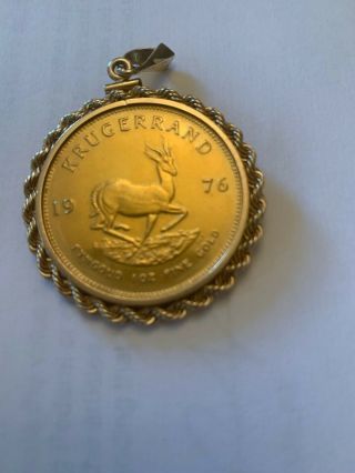 1976 1/2 Oz South African Gold Krugerrand Coin Bezel Pendant &14k Gold Bezel