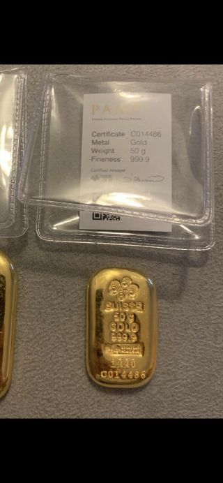 50 Gram Gold Bar - Pamp Suisse - Poured - 999.  9 Fine With Assay