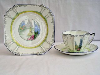 Shelley Queen Anne Cup Saucer & Plate Art Deco Trio My Garden Pattern 11607