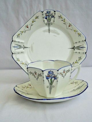 Shelley Queen Anne Cup Saucer & Plate Art Deco Trio Blue Iris Pattern 11561