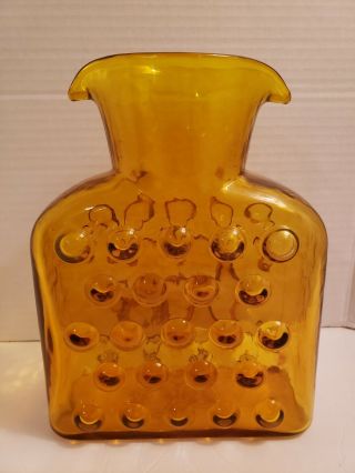 Mcm Signed Blenko Vineyard Double Spout Glass Water Bottle/ Pitcher Yellow Amber