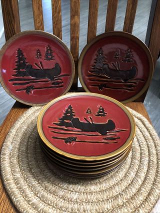 Home Studio Woodland Red Canoe Salad Plate Set Of 9