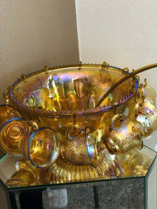 Vintage,  Collectable Indiana Gold And Multi Colored Carnival Glass Punch Bowl Set