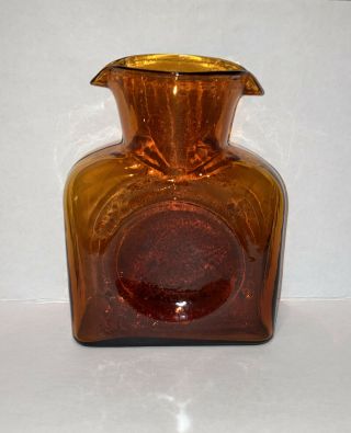 Rare Vintage Blenko Dark Honey Amber Glass 2 Spout Water Pitcher Bottle.