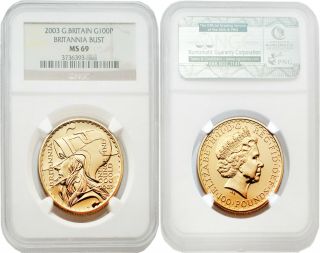 Great Britain 2003 Britannia Bust 100 Pounds 1 Oz Gold Ngc Ms69