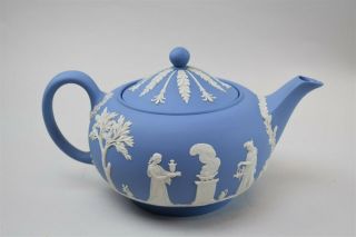 Vtg Wedgwood Blue Jasperware White On Blue Tea Pot Grecian Cherubs