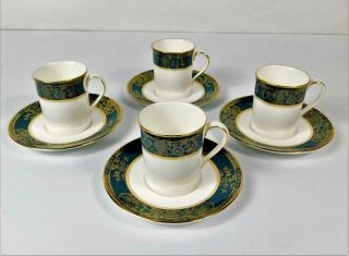 4 Royal Doulton Carlyle Teal Fine China England Demitasse Cups And Saucers