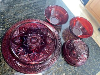 Vtg Set (8) Red Cut Glass Diamond 4 Bowls & 4 Plates