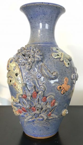 Amy Peraldo Ugly Jugs Seagrove Nc Folk Art Pottery Butterflies Large Vase 3d