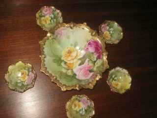 Antique Nippon Hand Painted 6 Piece Berry Nut Bowl Set Roses