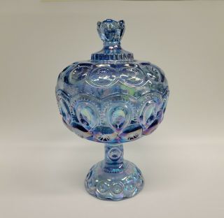 Carnival Moon And Star Glass Compote Large Candy Dish Kimberlite Blue Iridescent