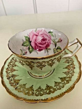 Vintage Aynsley Bone China England Floating Pink Rose On Green Teacup And S