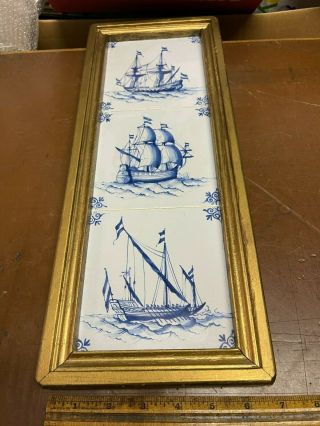 Three Antique Delft Style Framed Sailing Ship Tiles Blue & White 5 " Square Each