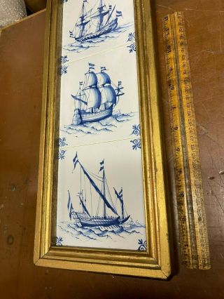 Three Antique Delft Style Framed Sailing Ship Tiles Blue & White 5 