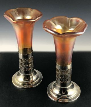 Vintage Iridescent Art Glass Epergne Vases In Silver - Plated Bases