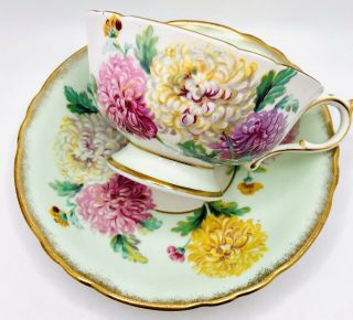Paragon Chrysanthemum Pale Green Heavy Gold Spray Vintage Tea Cup & Saucer Set