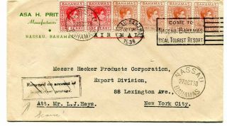 Bahamas 1938 Multi - Stamp Cover To Usa Boxed “returned / Insufficient Postage "