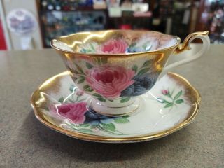 Royal Albert Pink/blue Cabbage Rose Cup & Saucer With Heavy Gold