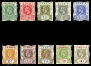 Gambia 1921 Kgv Complete Set Of Ten Cat £110 ($148).  Sg 108 - 117.  Sc 87 - 96.
