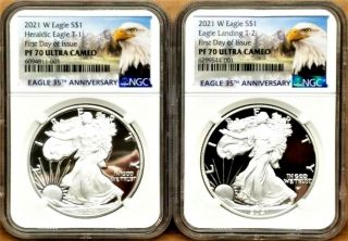 2 Coin Set - 2021 W Proof Silver Eagle,  Type 1 & 2,  Ngc Pf70uc Fdoi,  Eagle/mtn
