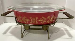 Rare Pyrex Red Golden Poinsettia Casserole Dish With Lid And Warmer 045 1960 
