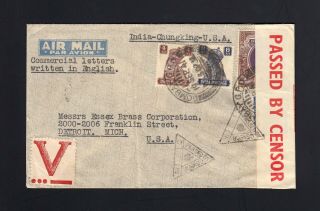 India: Wwii Censored Cover To Us - Via China - " V " Label