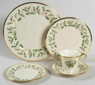 Lenox Holiday Fine China 24kt Gold 5 Piece Place Setting Holly And Berries (1)