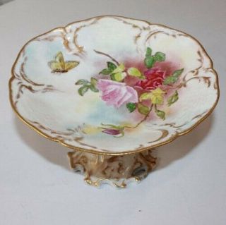Antique Rosenthal Sanssouci Hand Painted Pink Roses Butterfly Fruit Bowl Tazza
